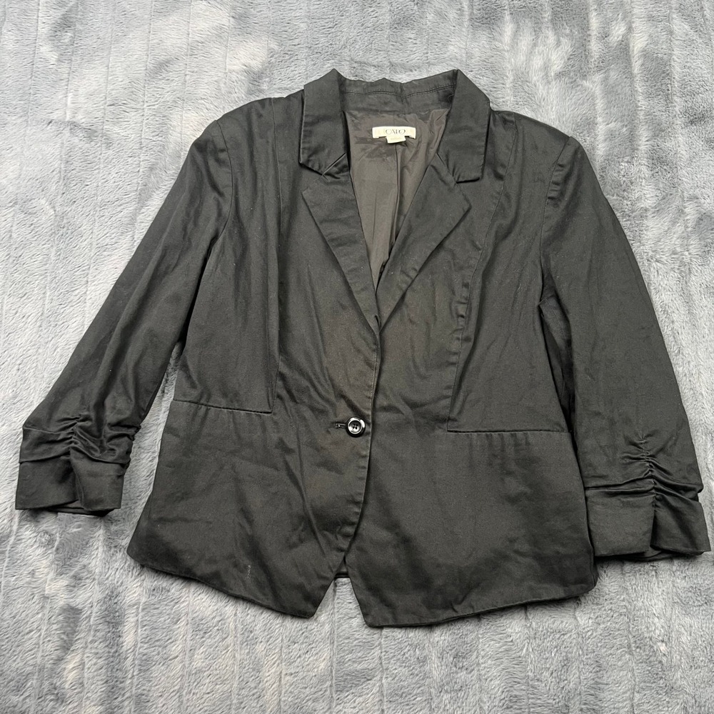 Cato Womens Black Single Button Ruched 3/4 Sleeve Blazer Jacket Size Medium